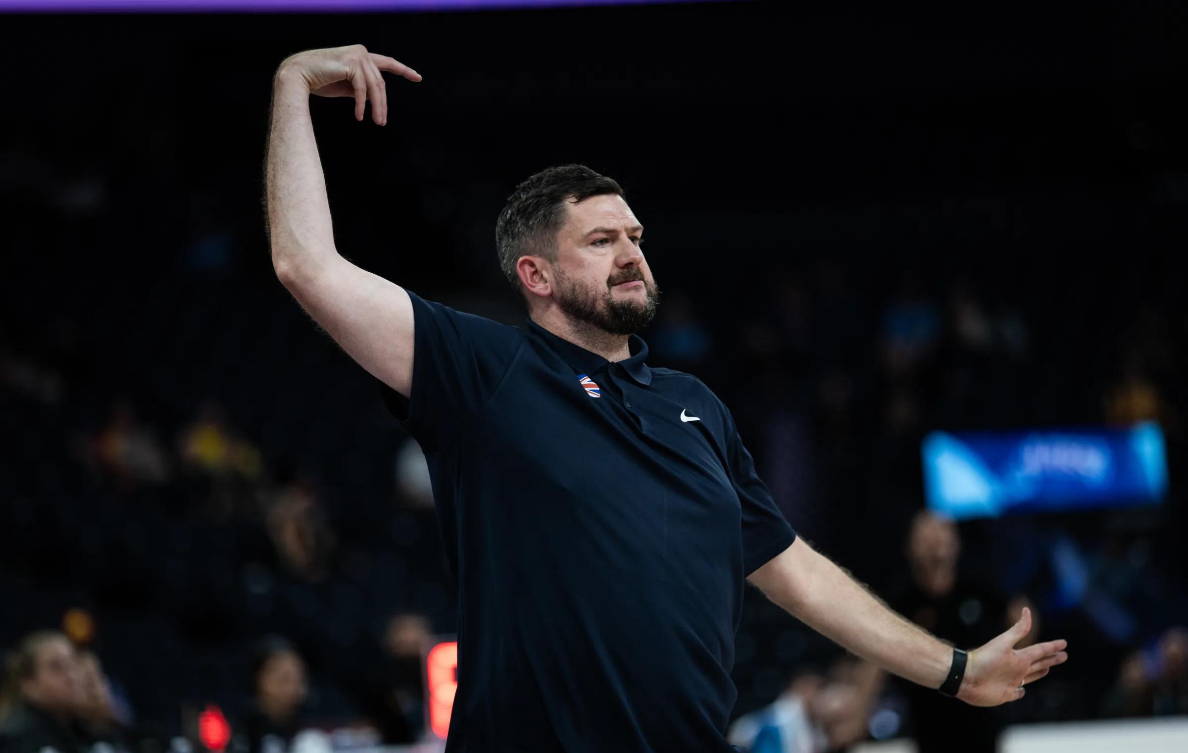 Head Coach Marc Steutel gesticulates on the sideline for GB against Montenegro at EuroBasket 2025