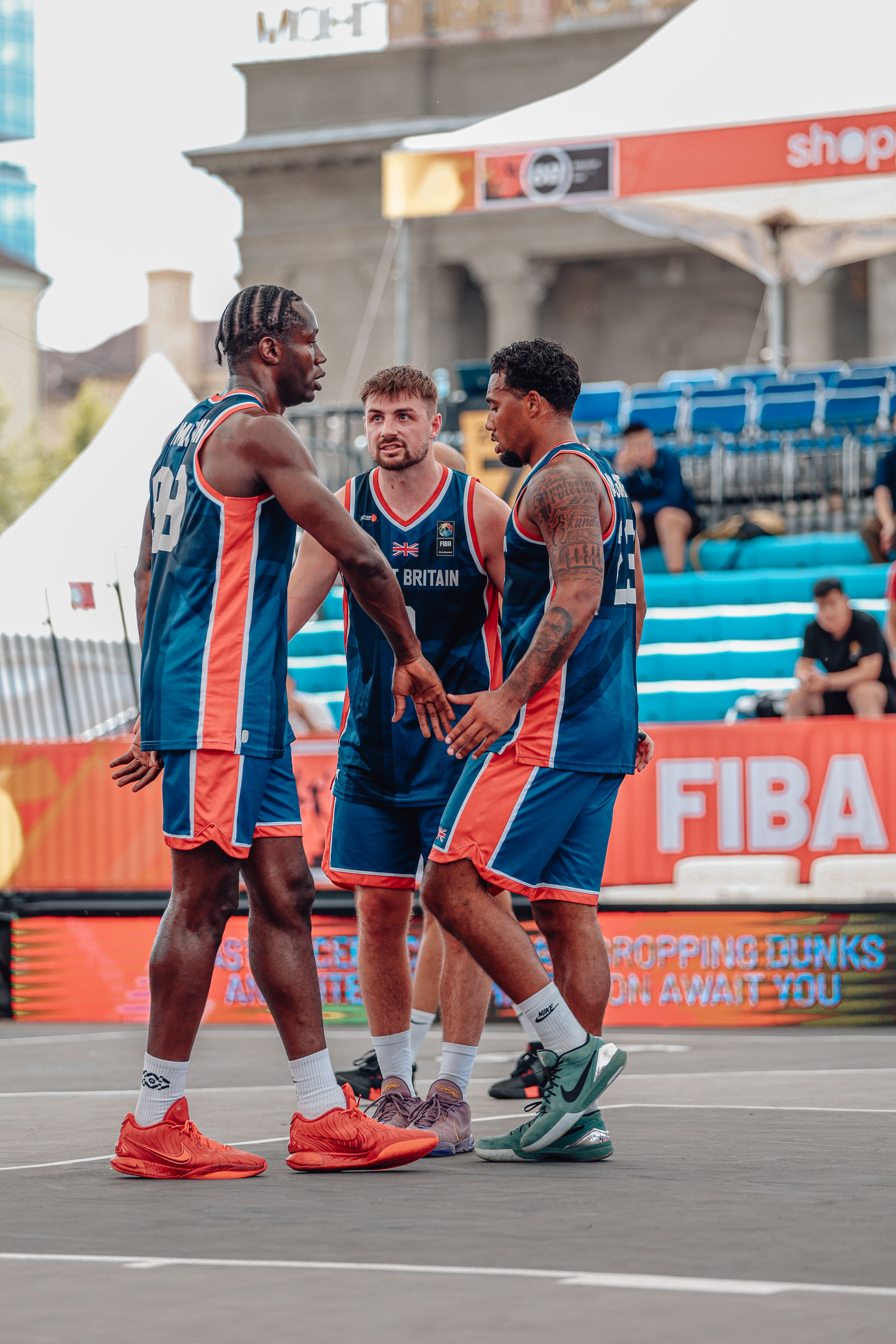 GB Men's 3x3 at the FIBA World Cup 2025. From left Ashley Hamilton, Evan Walshe, Dwayne Lautier-Ogunleye.