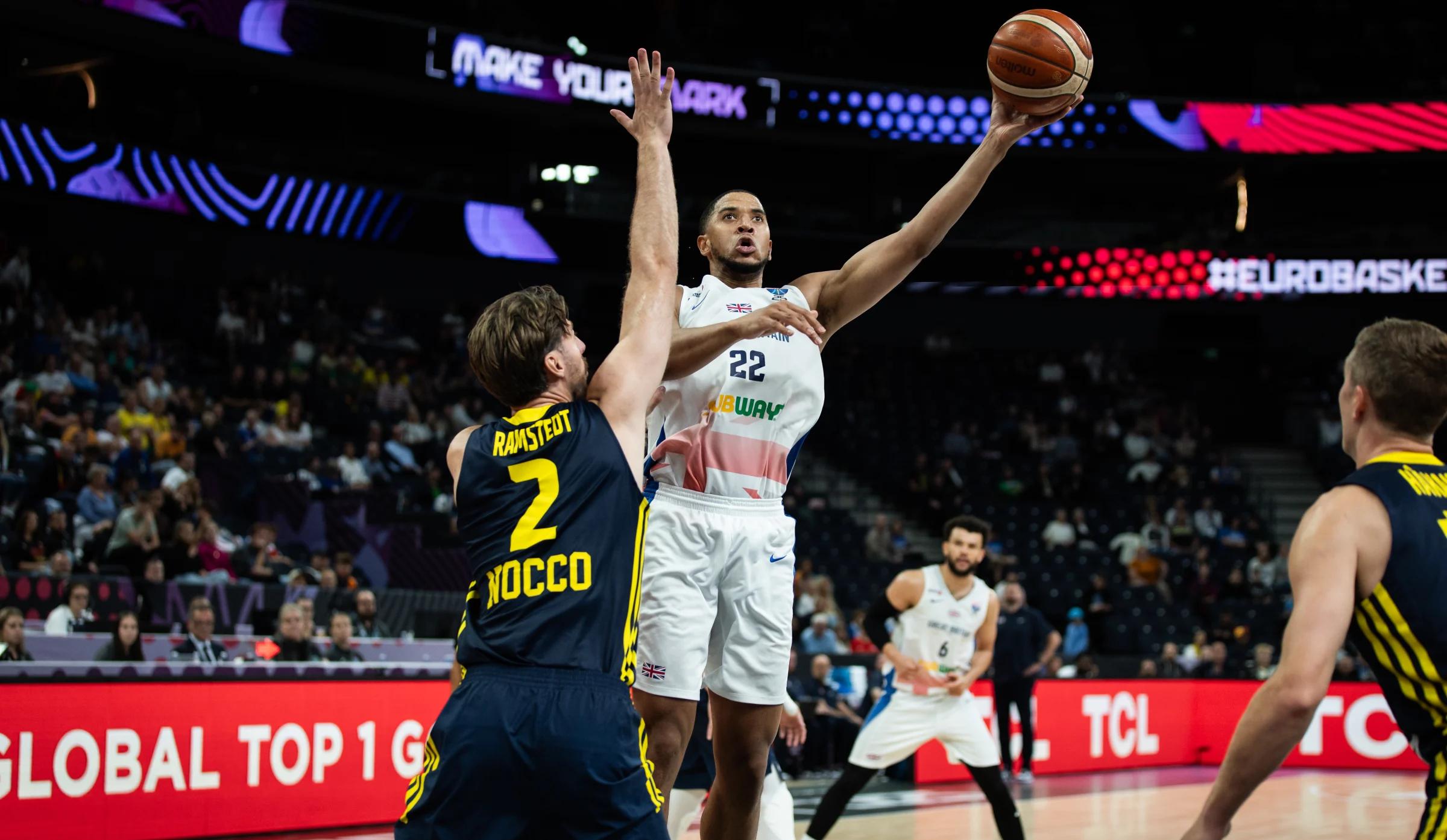 Miles Hesson floats the ball for GB against Sweden at EuroBasket 2025