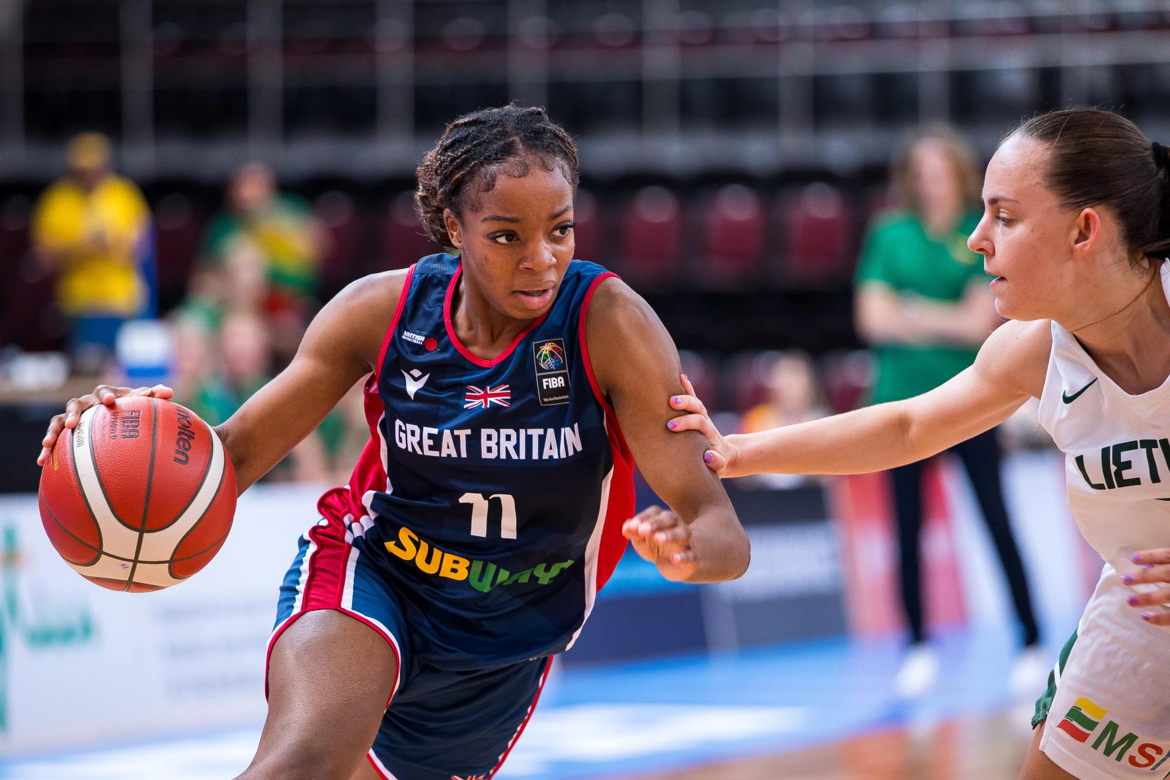 Irene Oboavwoduo drives the ball against Lithuania