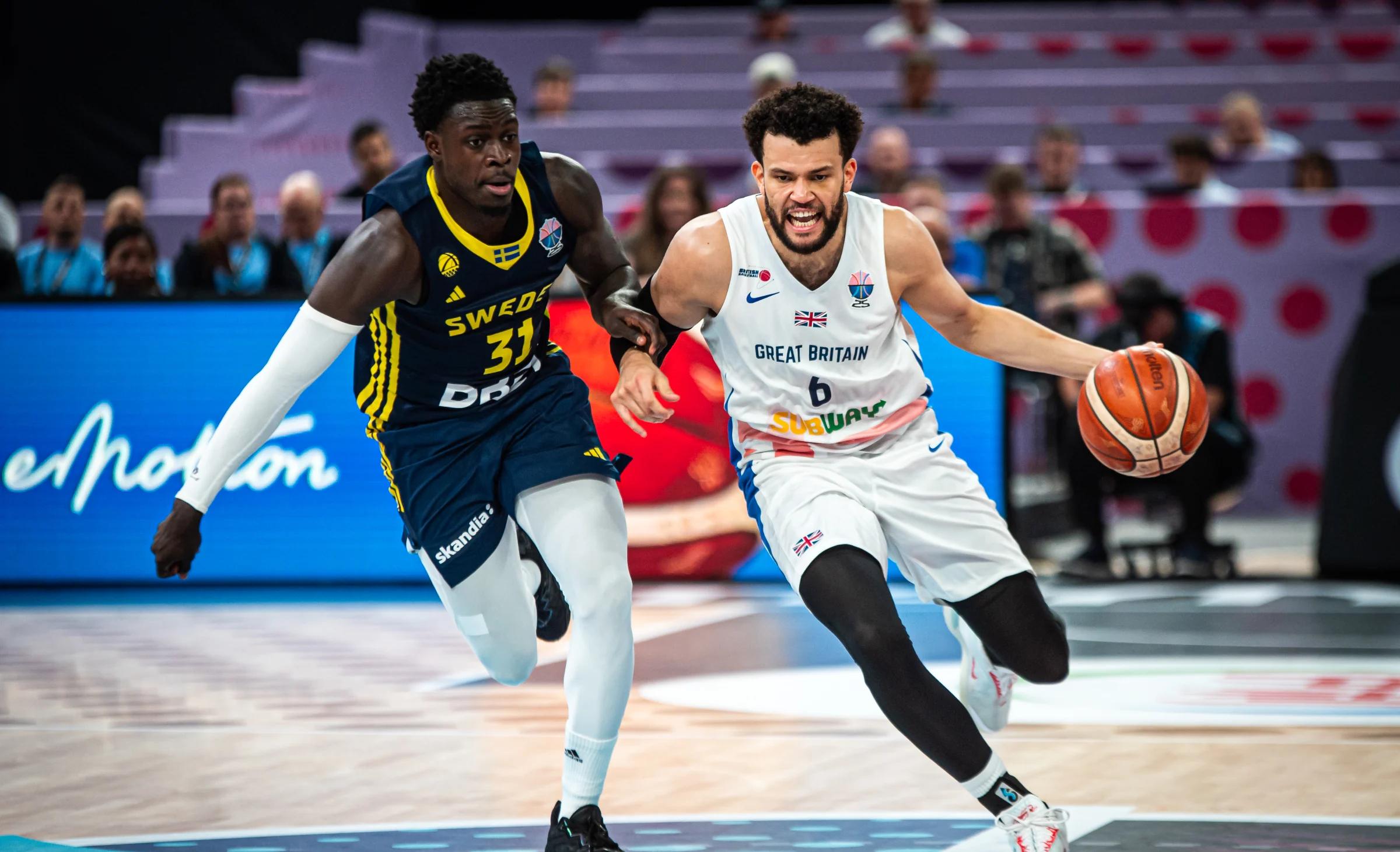 Luke Nelson drives the ball against Sweden