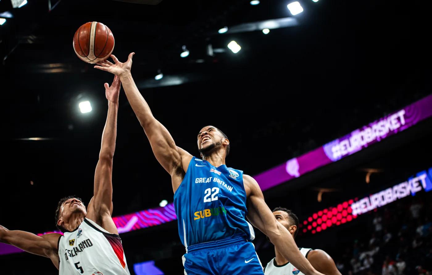 Myles Hesson lays the ball up for GB against Germany at EuroBasket 2025