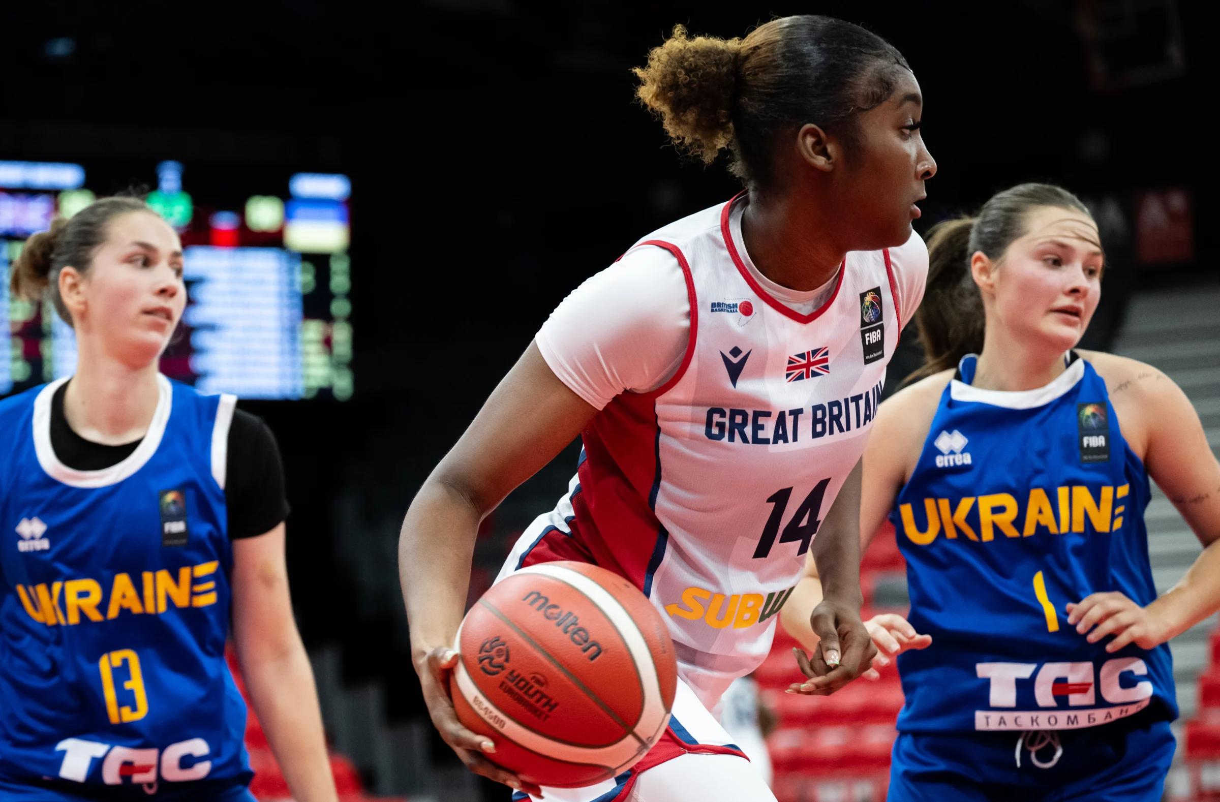 Felicia Jacobs-Abiola dribbles the ball against Ukraine