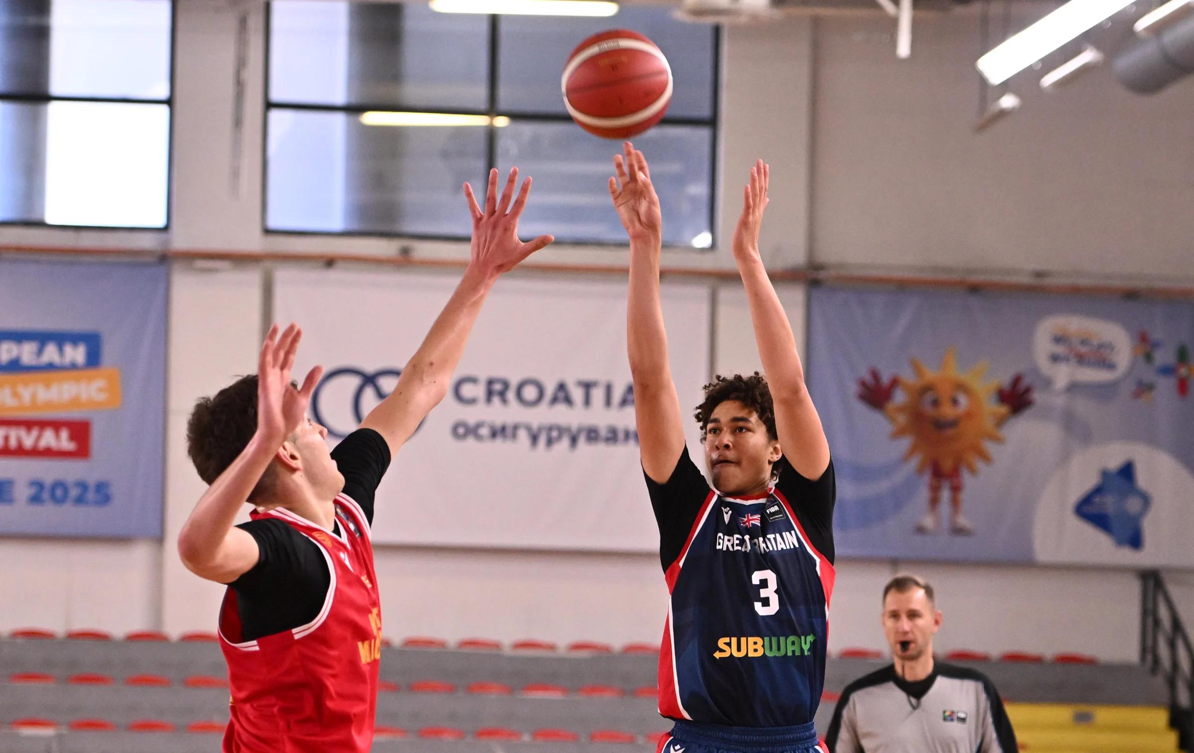Maxx Tjongondjoza knocked down seven threes in GB's win over the hosts North Macedonia at U16 Men's EuroBasket