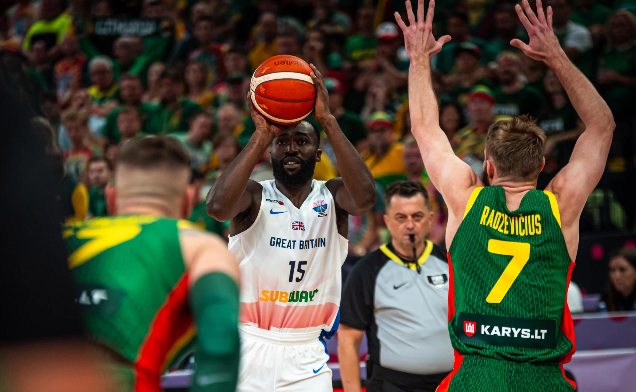 Akwasi Yeboah shoots the ball against Lithuania at 2025 EuroBasket