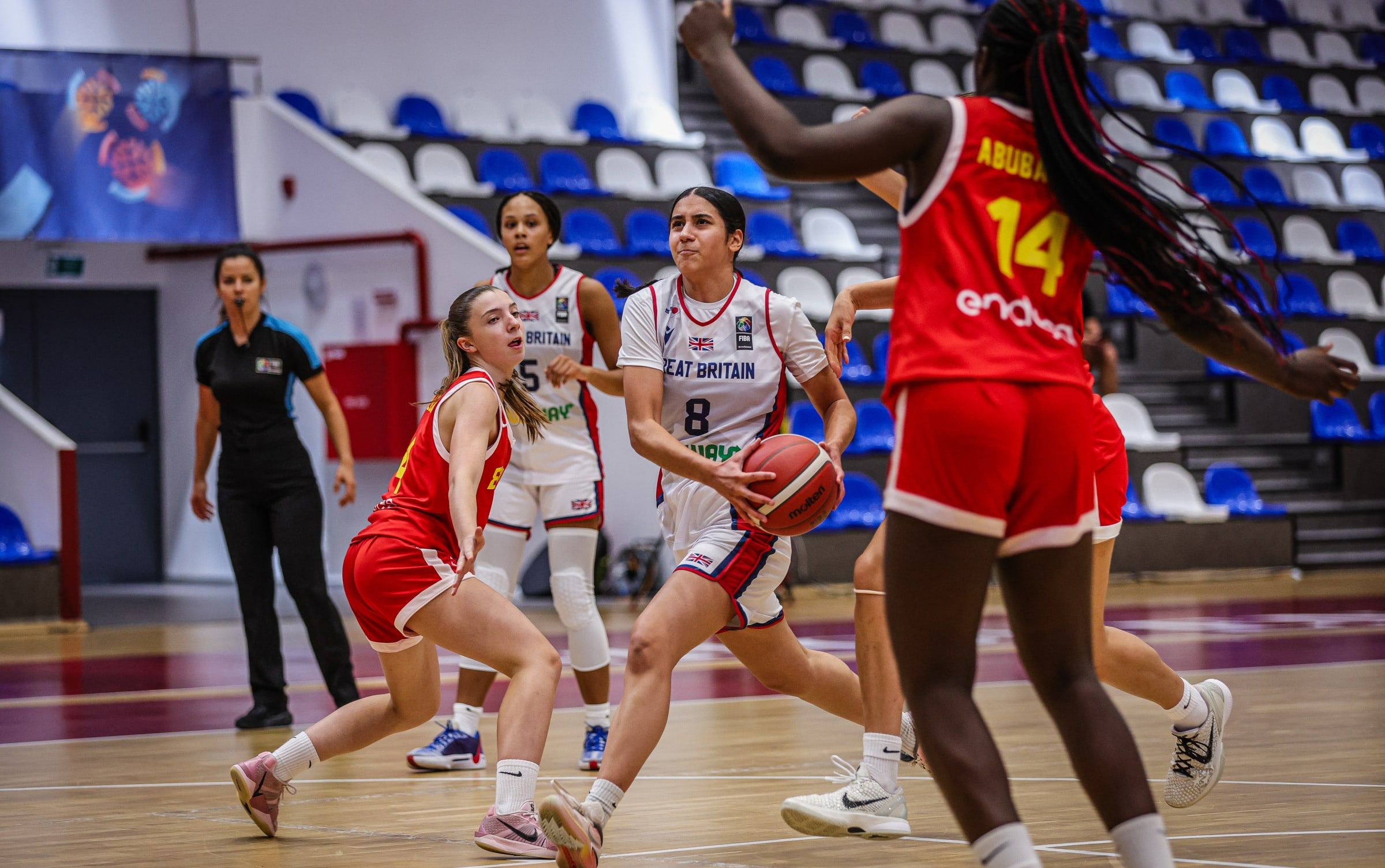 Mojan Malek drives the ball against Spain at U16 Women's EuroBasket