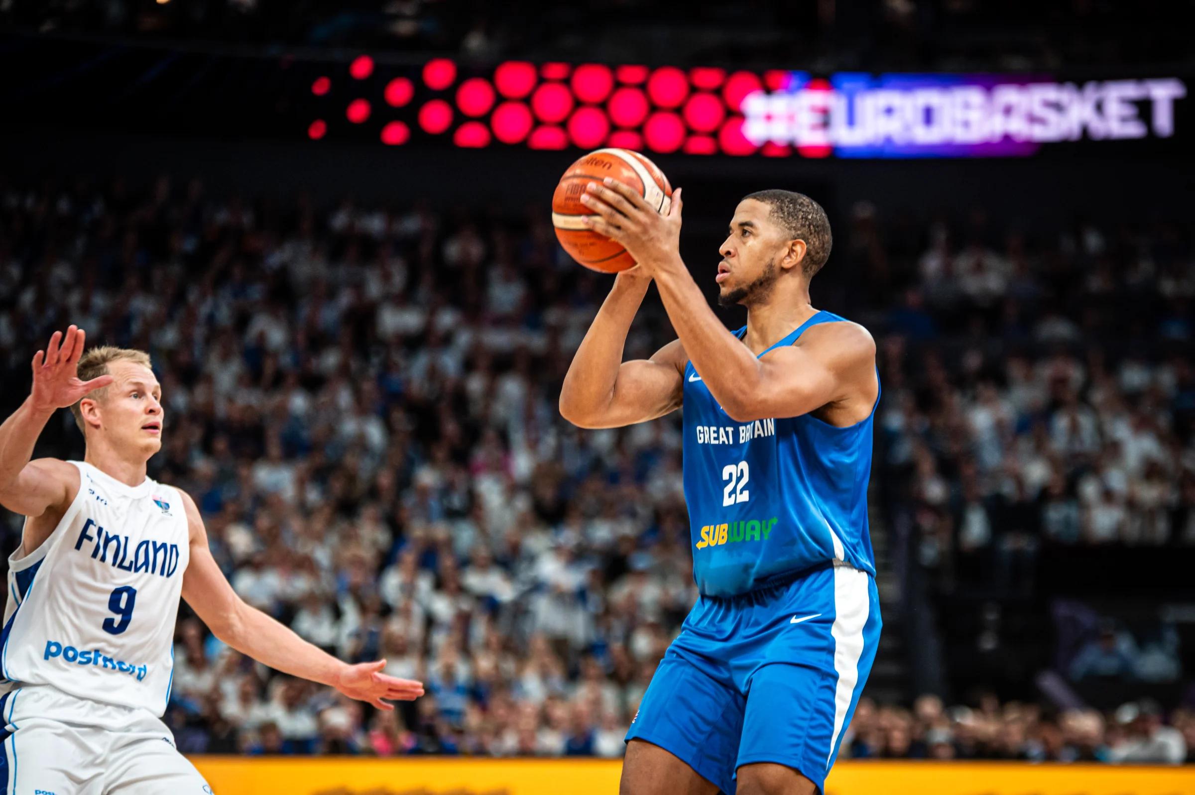 Myles Hesson shoots a three against FInland at EuroBasket 2025