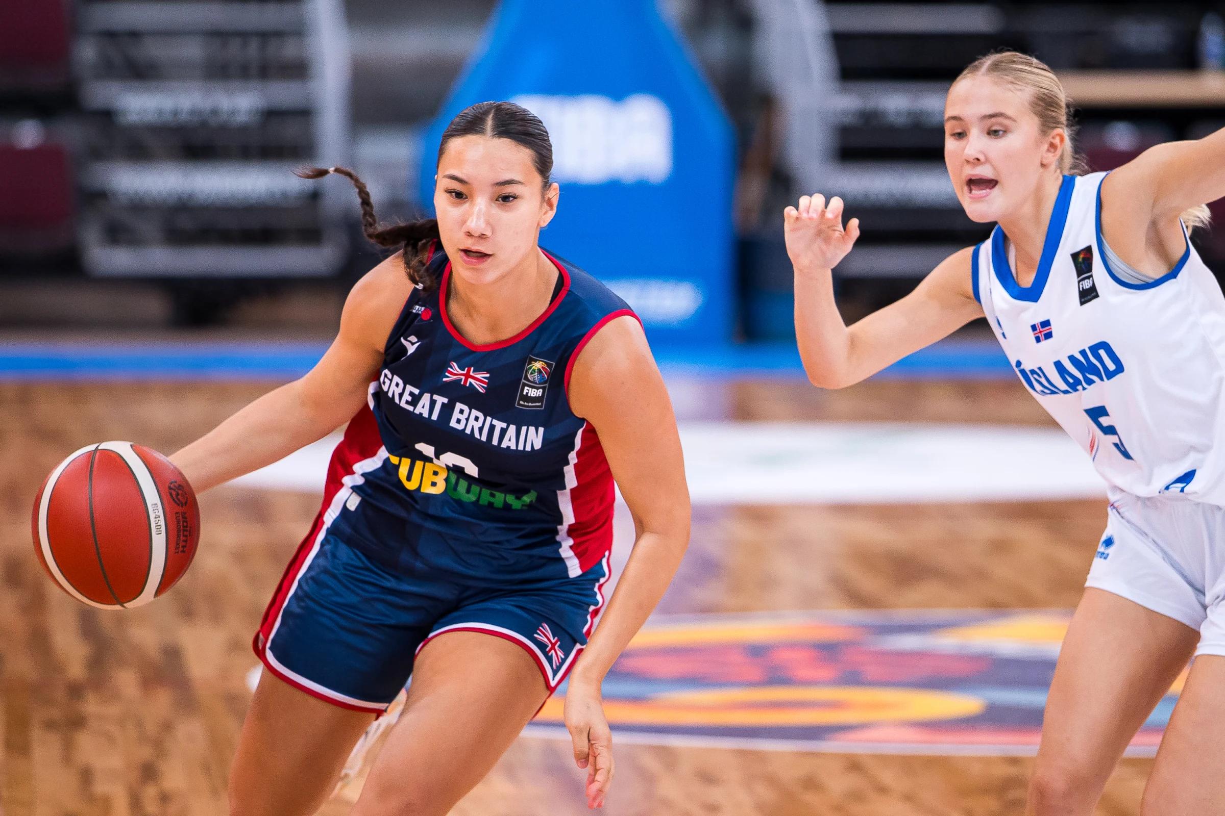 Emma Briggs drives the ball against Iceland at Women's U18 EuroBasket