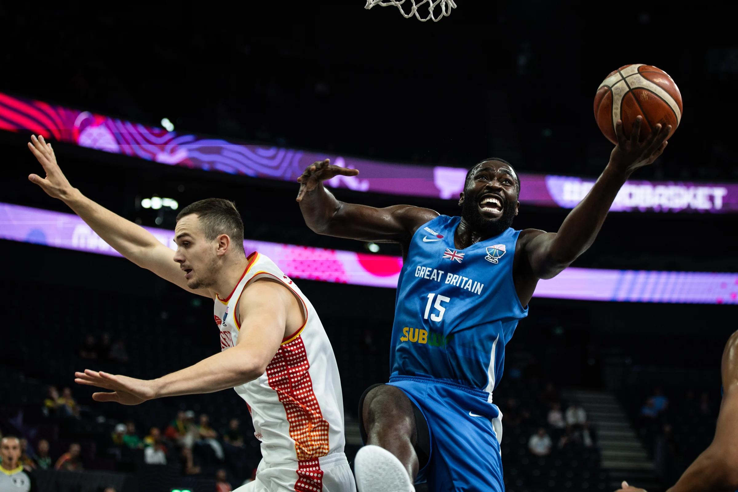 Akwasi Yeboah lays the ball up for GB against Montenegro at EuroBasket 2025