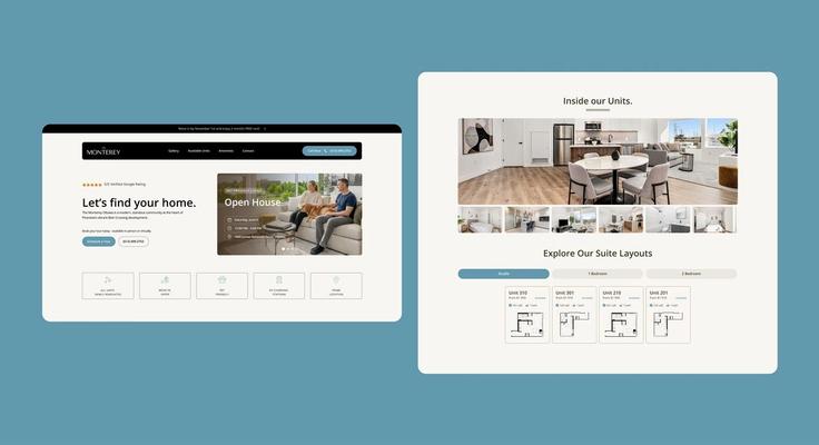 Screens from The Monterey Ottawa rental website, including suite layouts and the open house prompt