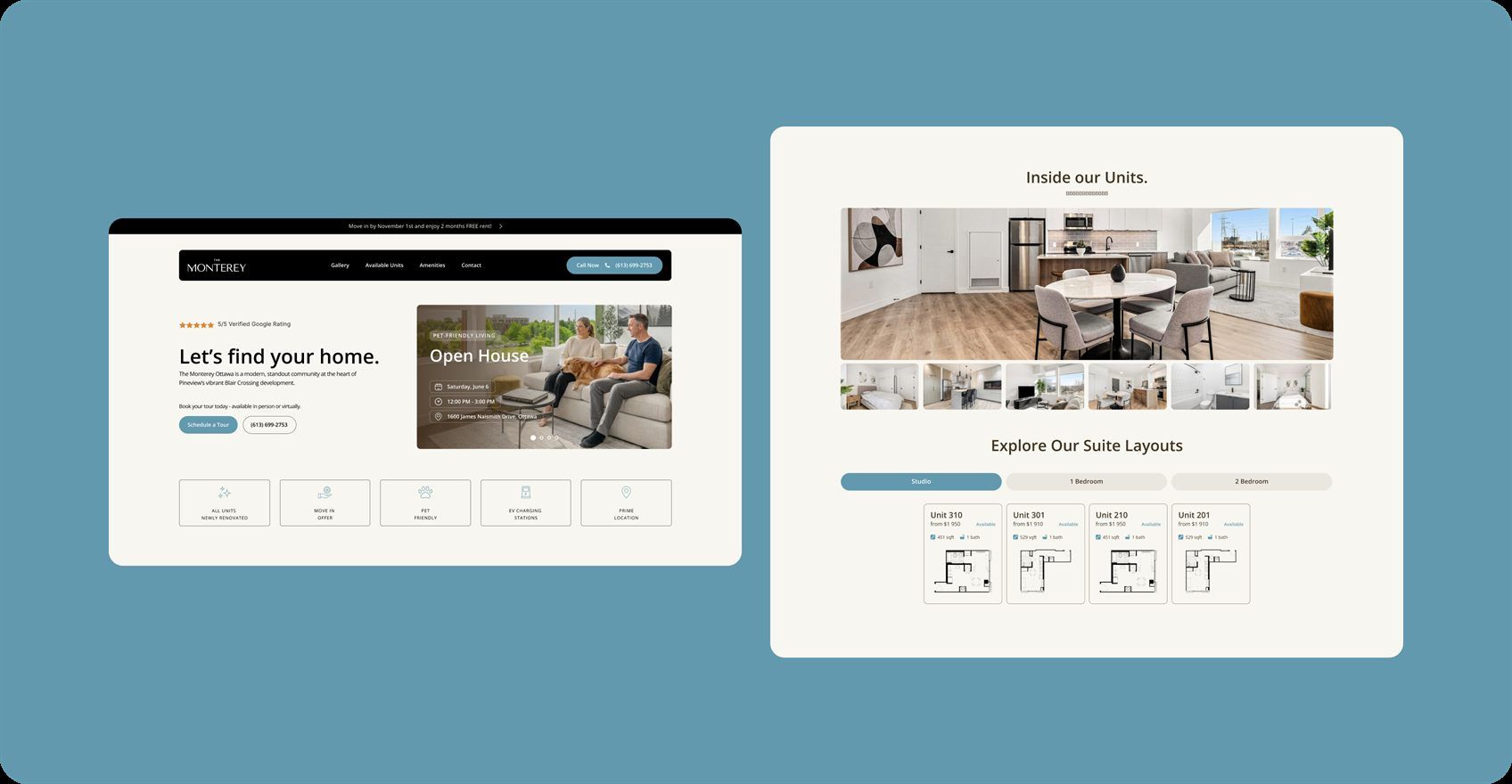 Screens from The Monterey Ottawa rental website, including suite layouts and the open house prompt