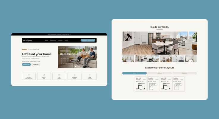 Screens from The Monterey Ottawa rental website, including suite layouts and the open house prompt