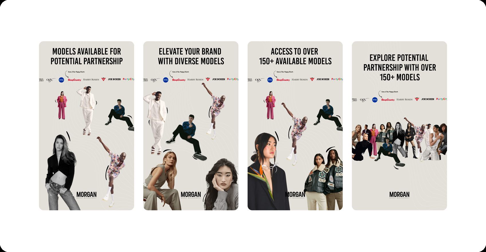 Meta ad creatives for Morgan Model Management’s talent recruitment and partnership campaigns