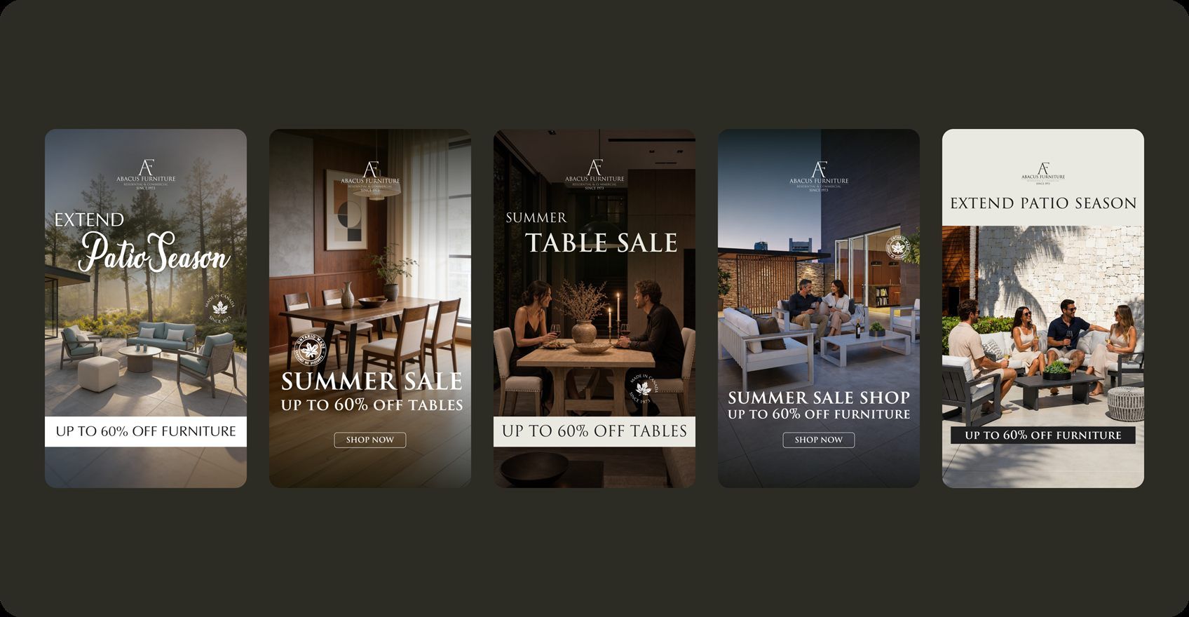 Paid social ad creatives for Abacus Furniture’s seasonal table and patio sales