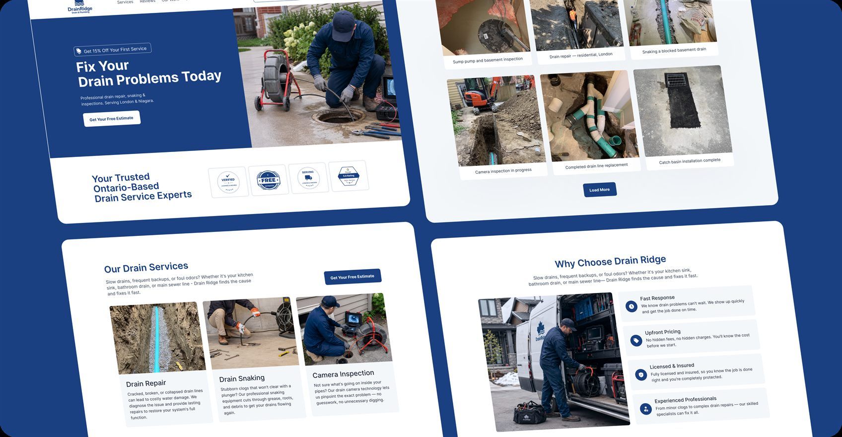 Screens from the Drain Ridge landing pages: the estimate hero, the recent-work gallery, the drain services breakdown and the reasons-to-choose section