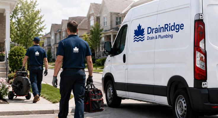 Two Drain Ridge technicians carrying equipment back to a branded service van on a residential street