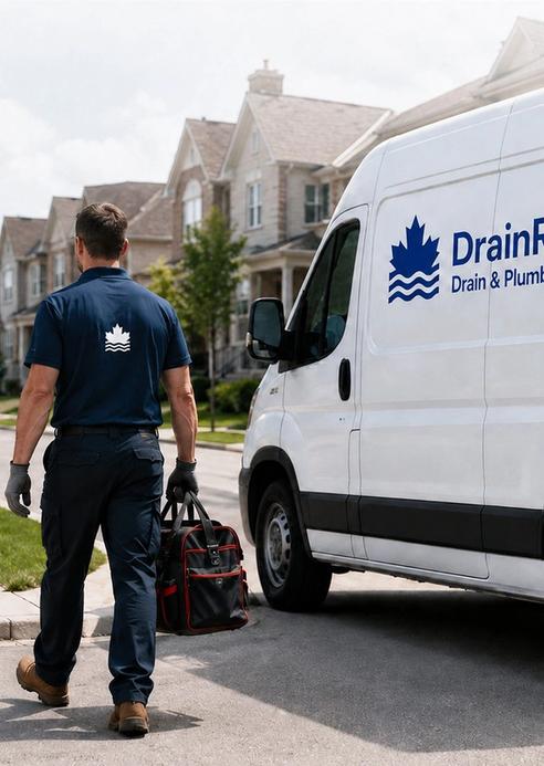 Two Drain Ridge technicians carrying equipment back to a branded service van on a residential street