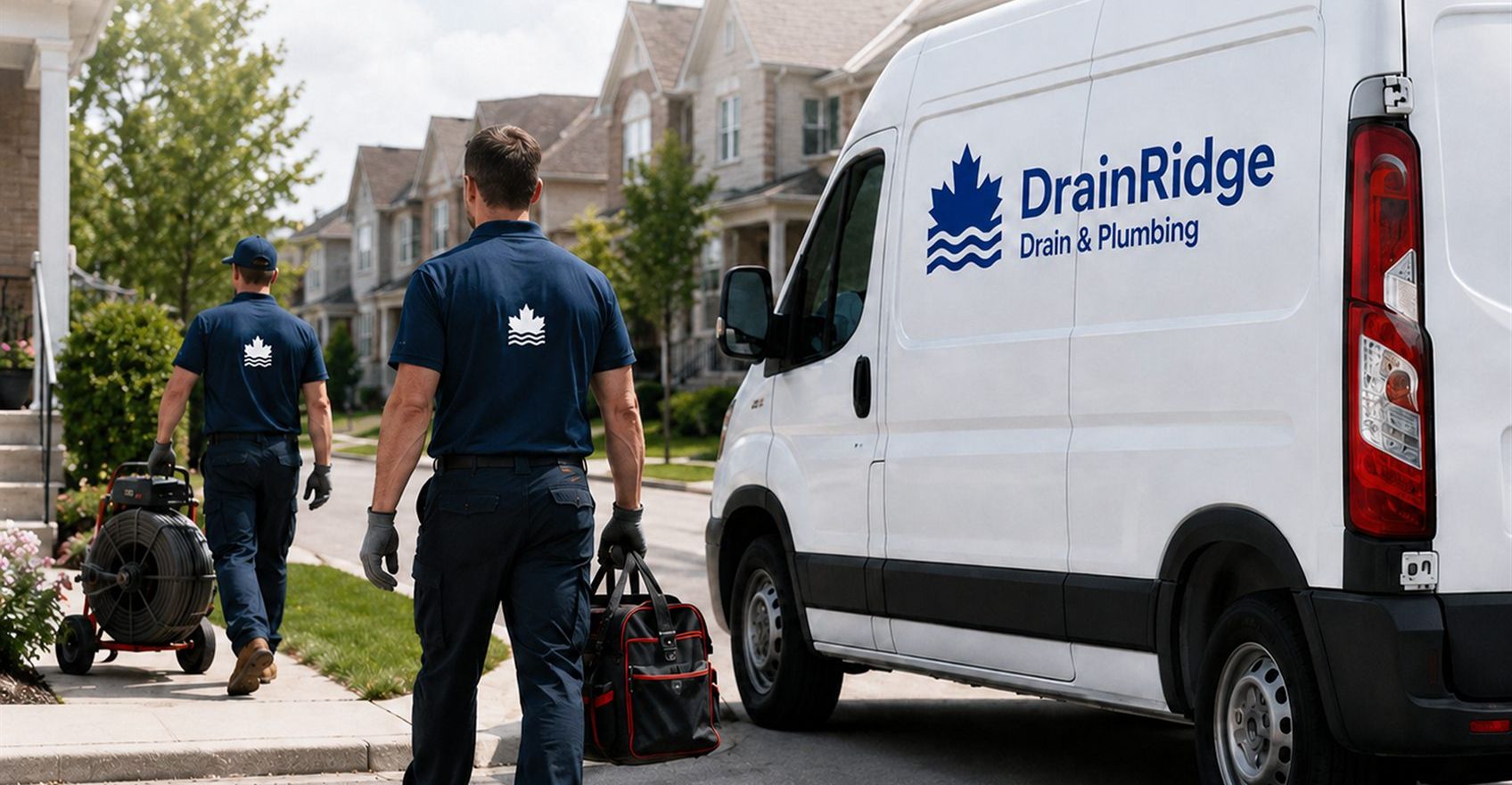 Two Drain Ridge technicians carrying equipment back to a branded service van on a residential street