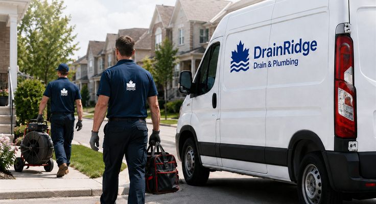 Two Drain Ridge technicians carrying equipment back to a branded service van on a residential street