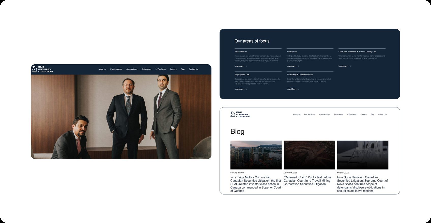 Screens from the KND Complex Litigation website, including areas of focus and the blog