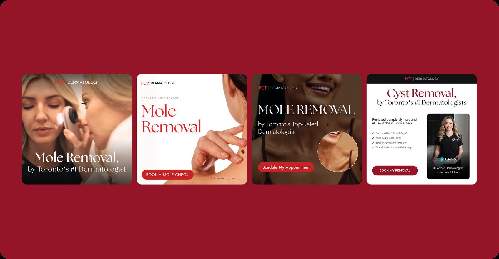 Paid ad creatives for FCP Dermatology’s mole removal and cyst removal campaigns