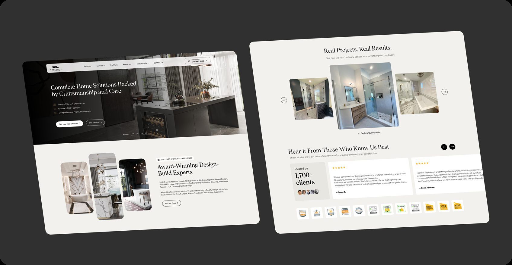 Screens from the Blackstone Home Services website: the home page hero, the award-winning design-build section, the project portfolio carousel and the reviews wall