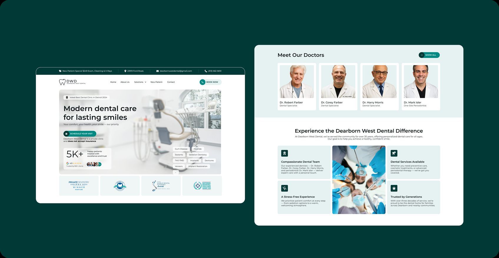 Screens from the Dearborn West Dental website, including the Meet Our Doctors section