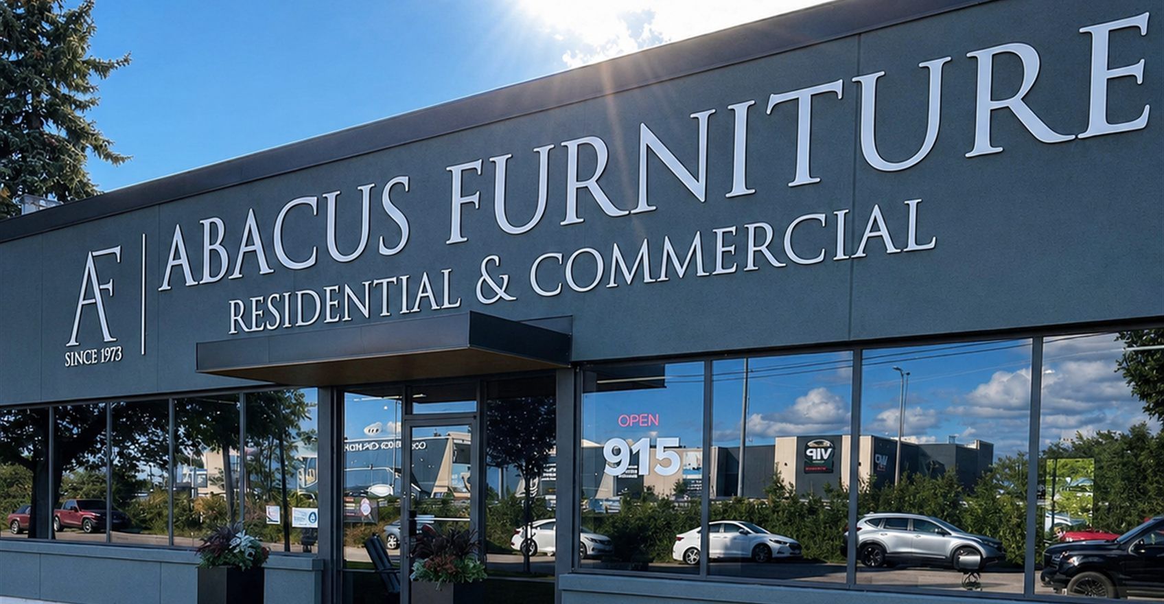 The exterior of the Abacus Furniture showroom, its sign reading Residential & Commercial