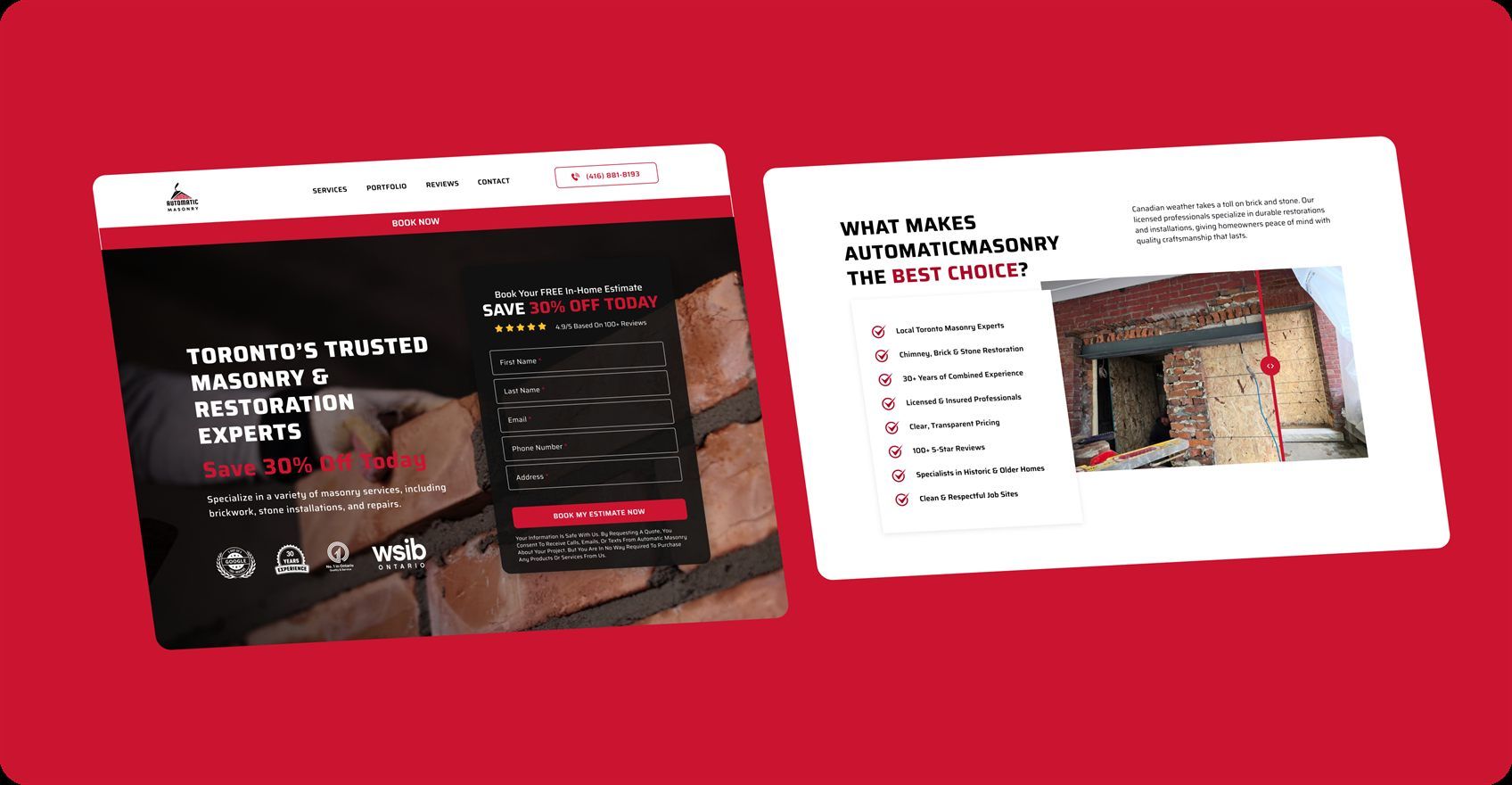 Screens from the Automatic Masonry website: the estimate-request landing page and the section setting out why the company is the right choice