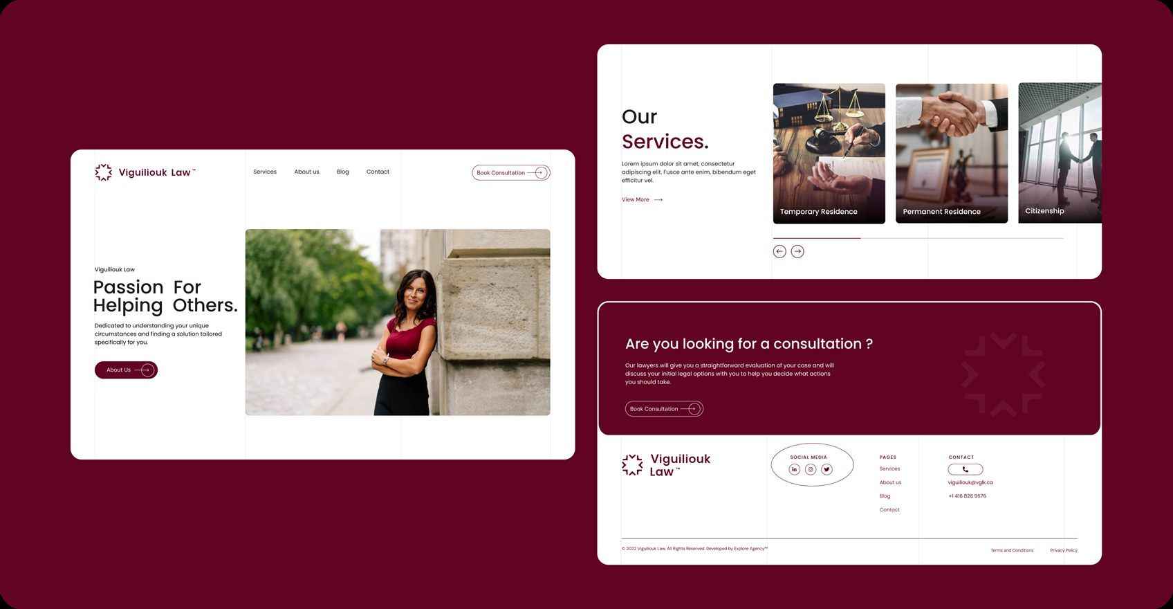 Screens from the Viguiliouk Law website, including the practice areas and consultation booking