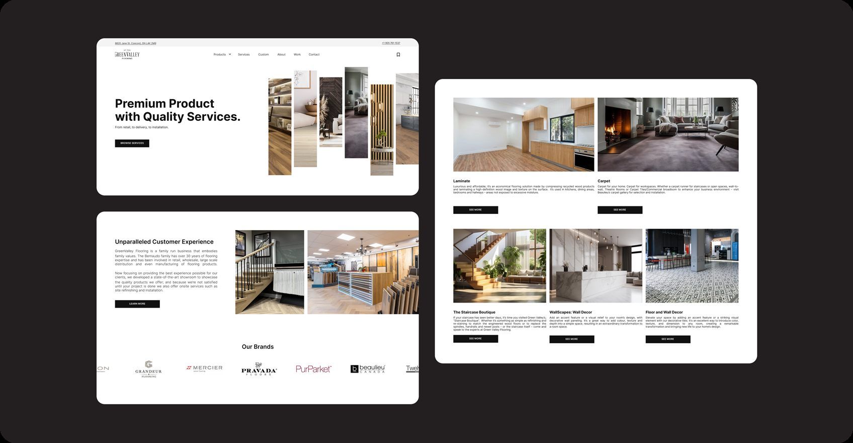 Screens from the GreenValley Flooring website, including product pages and completed projects
