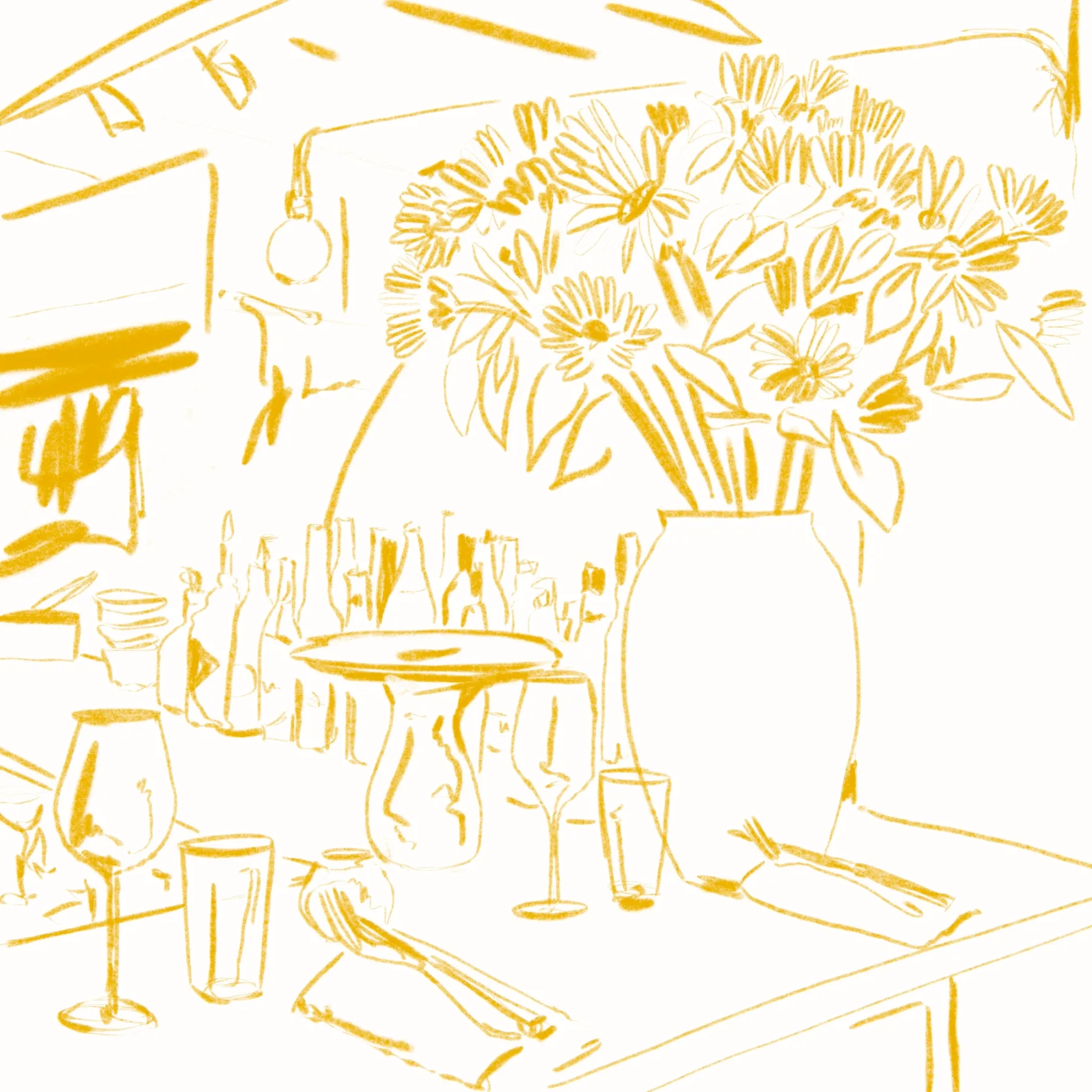 drawing of sunflowers on the bar surrounded by glasses and cutlery