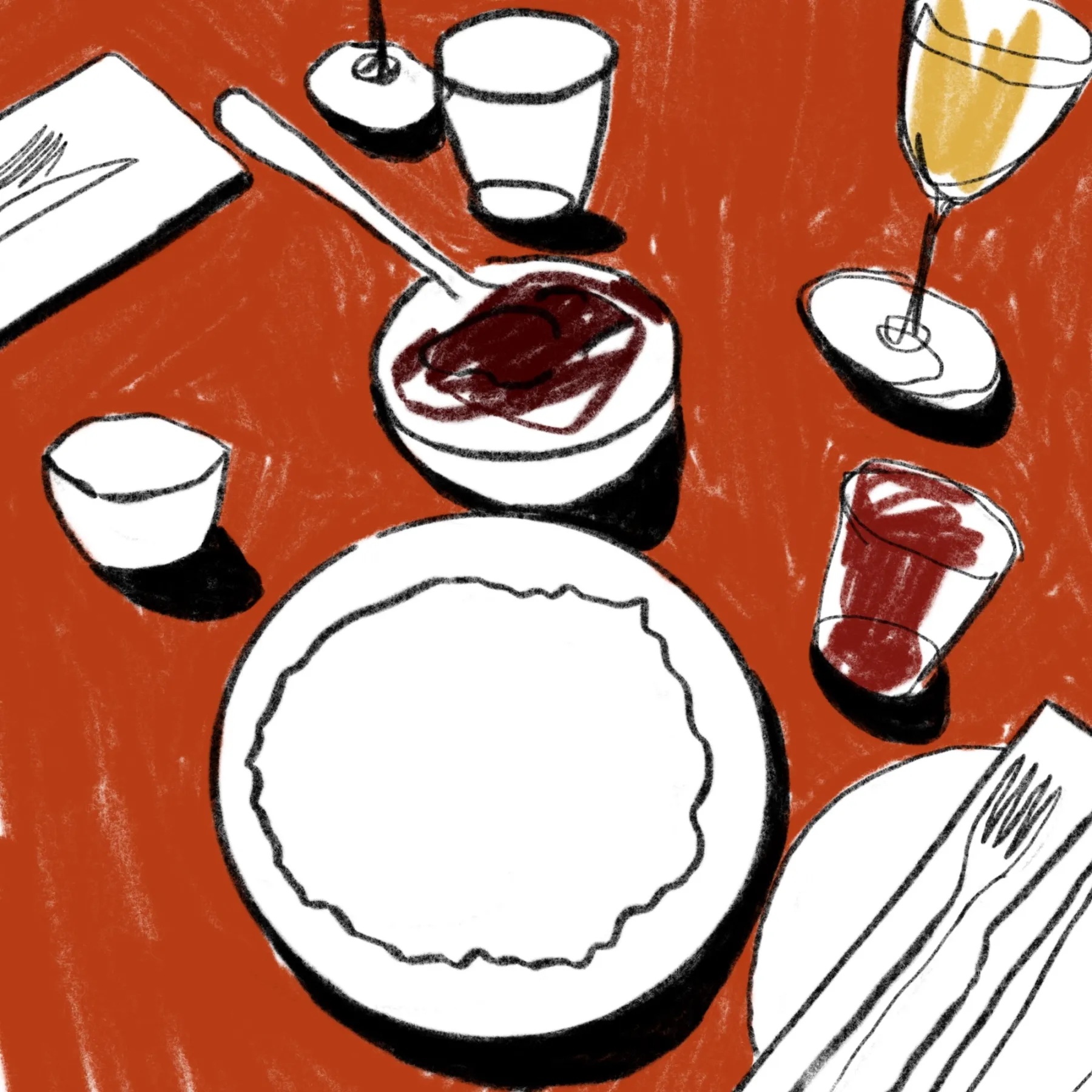 dinner setting with a plate, dessert and wine and cocktail on red table