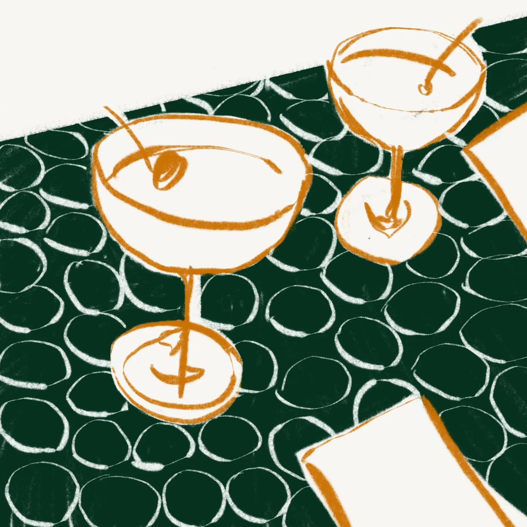 two martinis on a green bar top