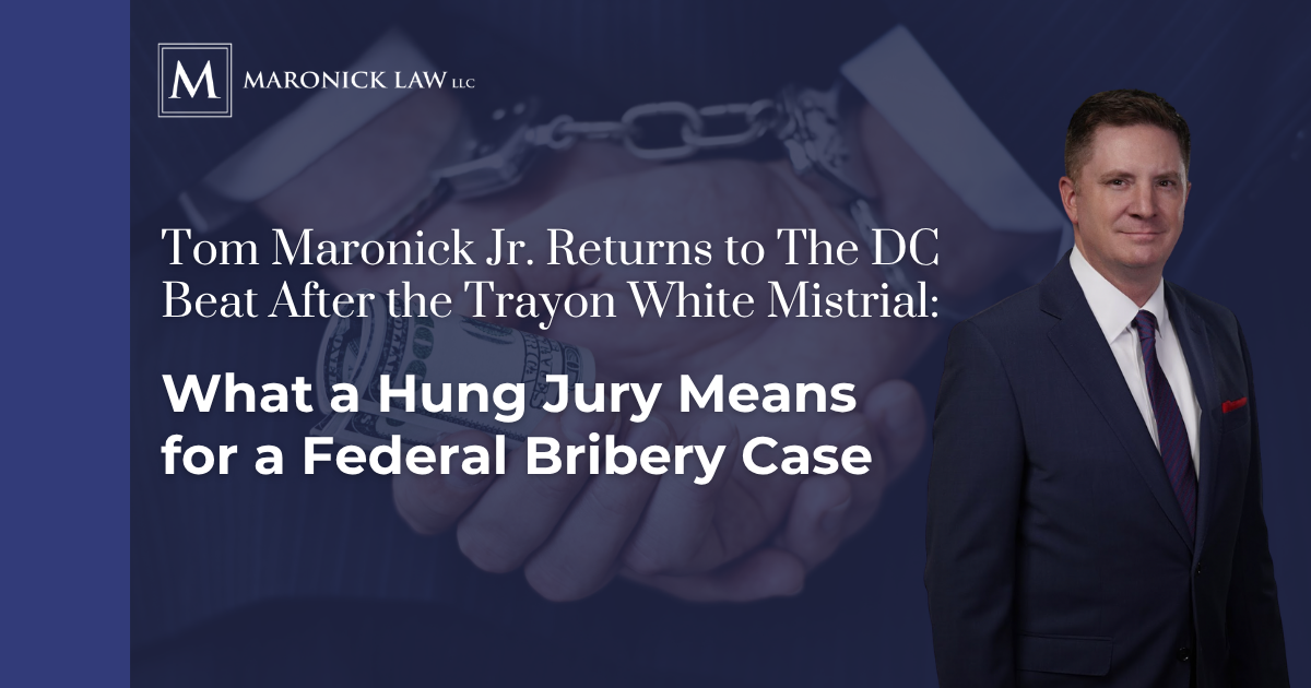 Tom Maronick Jr. of Maronick Law LLC beside handcuffed hands holding cash, for a blog on the Trayon White federal bribery mistrial and hung jury
