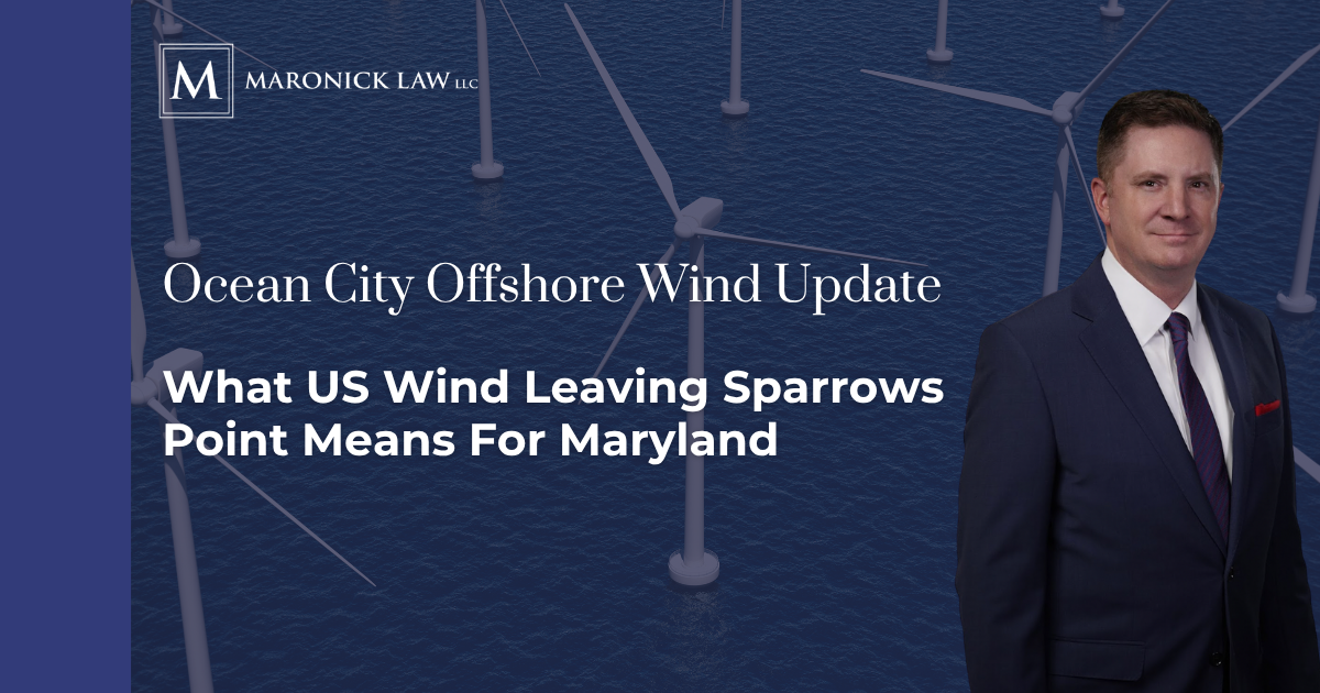 Image Ocean City offshore wind update graphic showing offshore turbines with attorney Tom Maronick Jr. of Maronick Law LLC.