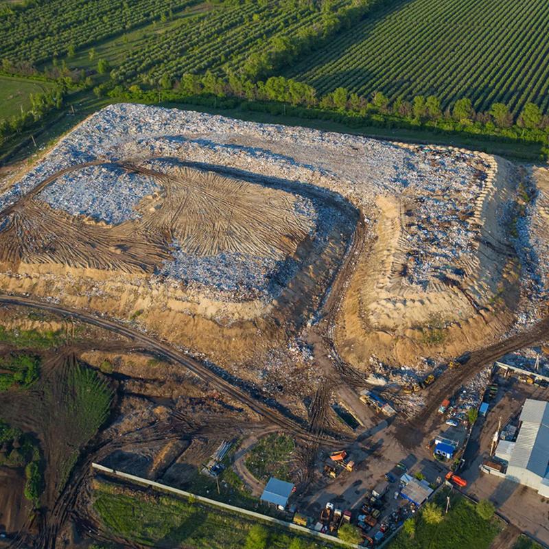 An aerial view of an engineered landfill cell.