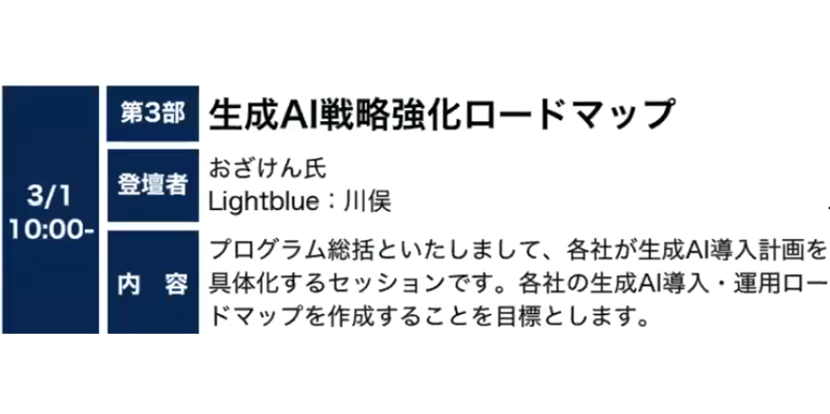 2025年3月1日午前10時開始の第3部「生成AI戦略強化ロードマップ」では、おざけん氏とLightblueの川俣氏が登壇し、各社の生成AI導入・運用に向けた具体的なロードマップ作成を目指します。