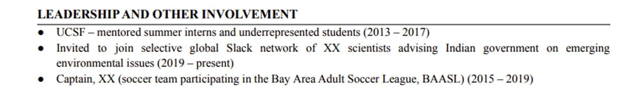 Leadership, Extracurriculars, and Additional Information Section Sample