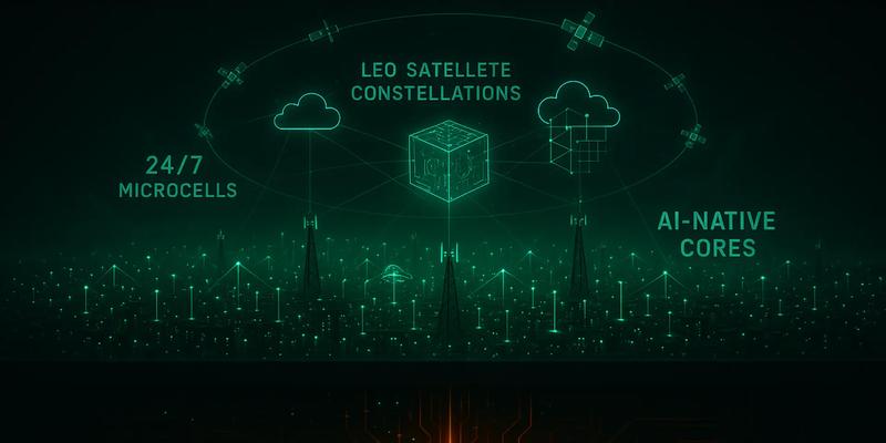 The key elements of a perpetually active digital ecosystem: microcells, LEO satellites, and AI-native cores.