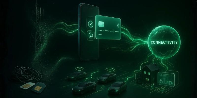 Illustrating how a central "CONNECTIVITY" service powers fintech, mobility, and IoT applications, replacing the need for traditional telecom infrastructure like cell towers and SIM cards.