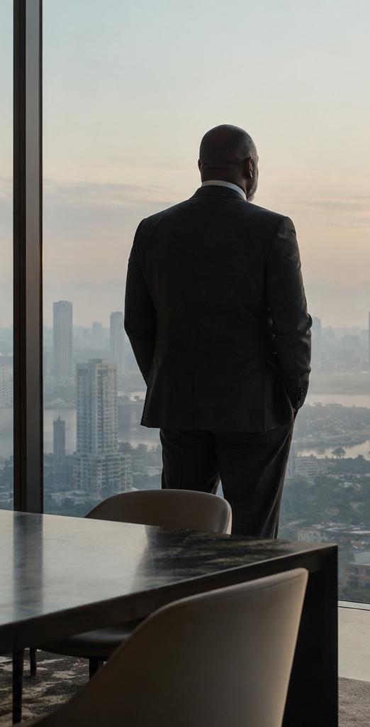 An executive looking out over the city at dawn.