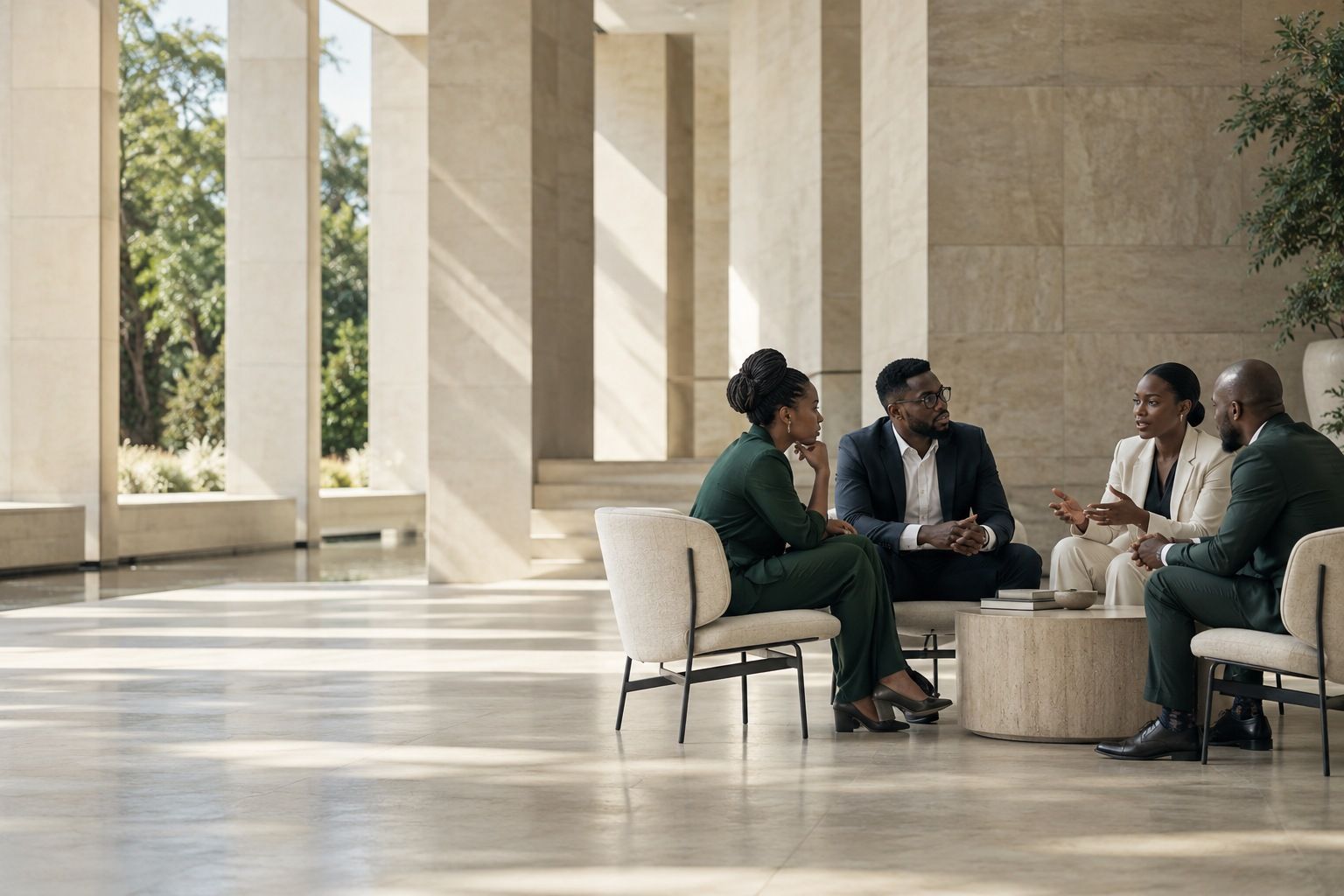 A leadership group in discussion in a bright stone atrium.