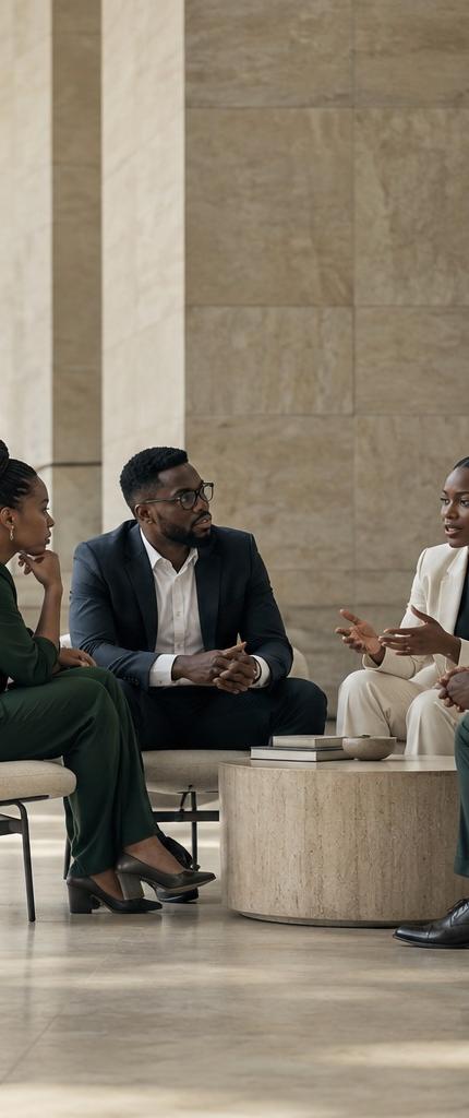 A leadership group in discussion in a bright stone atrium.