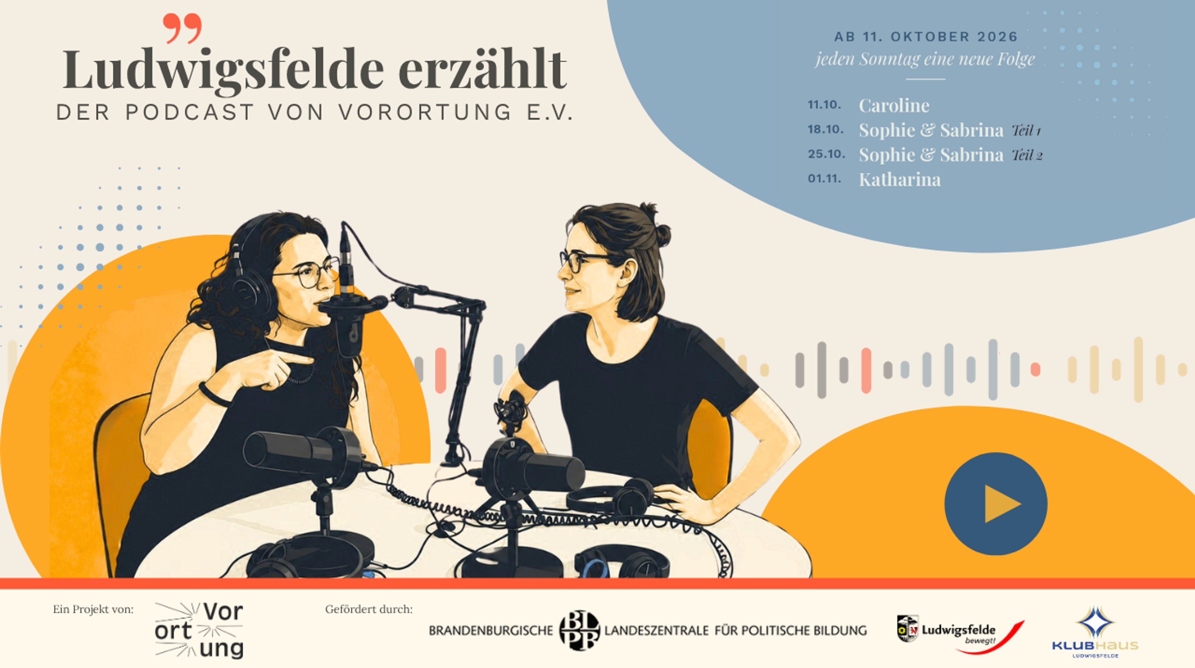 Illustration von Sharon On und Laura Söllner im Gespräch an Podcast-Mikrofonen, Titel „Ludwigsfelde erzählt, der Podcast von VorOrtung e.V."