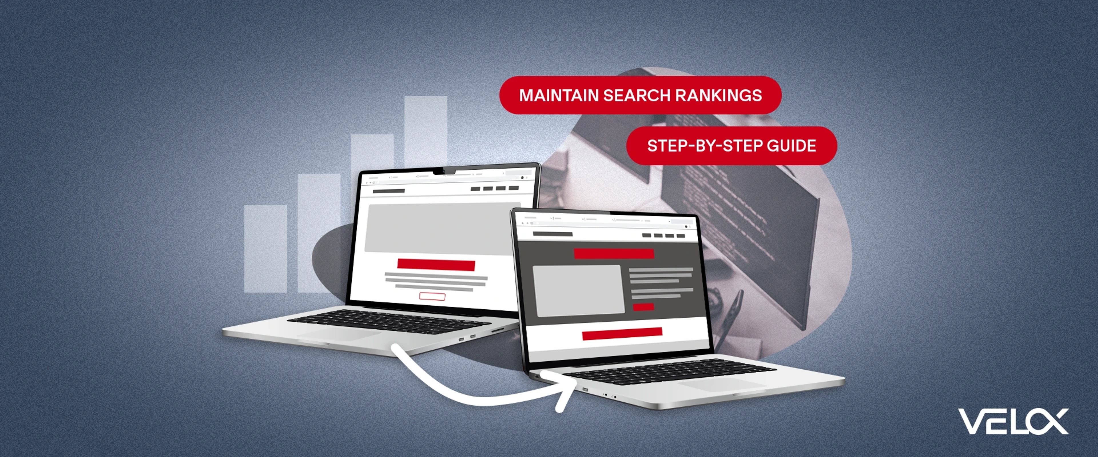 A hero graphic showing two laptops overlayed with red and blue gradients