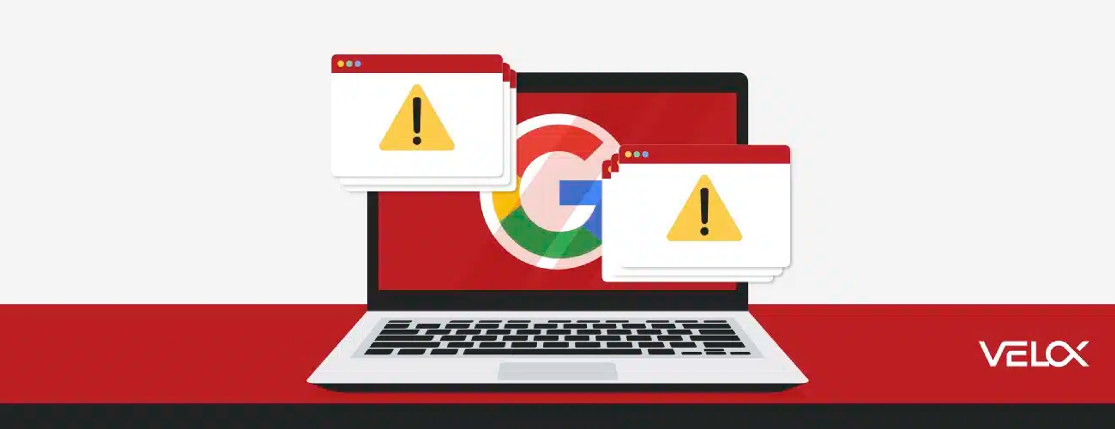 A hero graphic displaying a red and white background with a laptop showing the Google logo and hazard icons