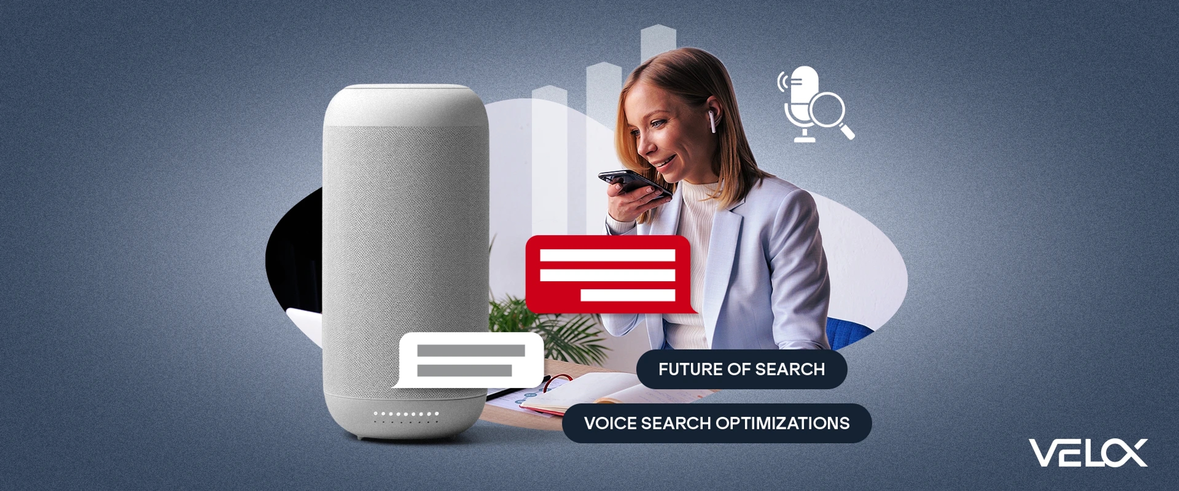 A woman speaking into her mobile phone with a speaker and comment bubbles nearby.