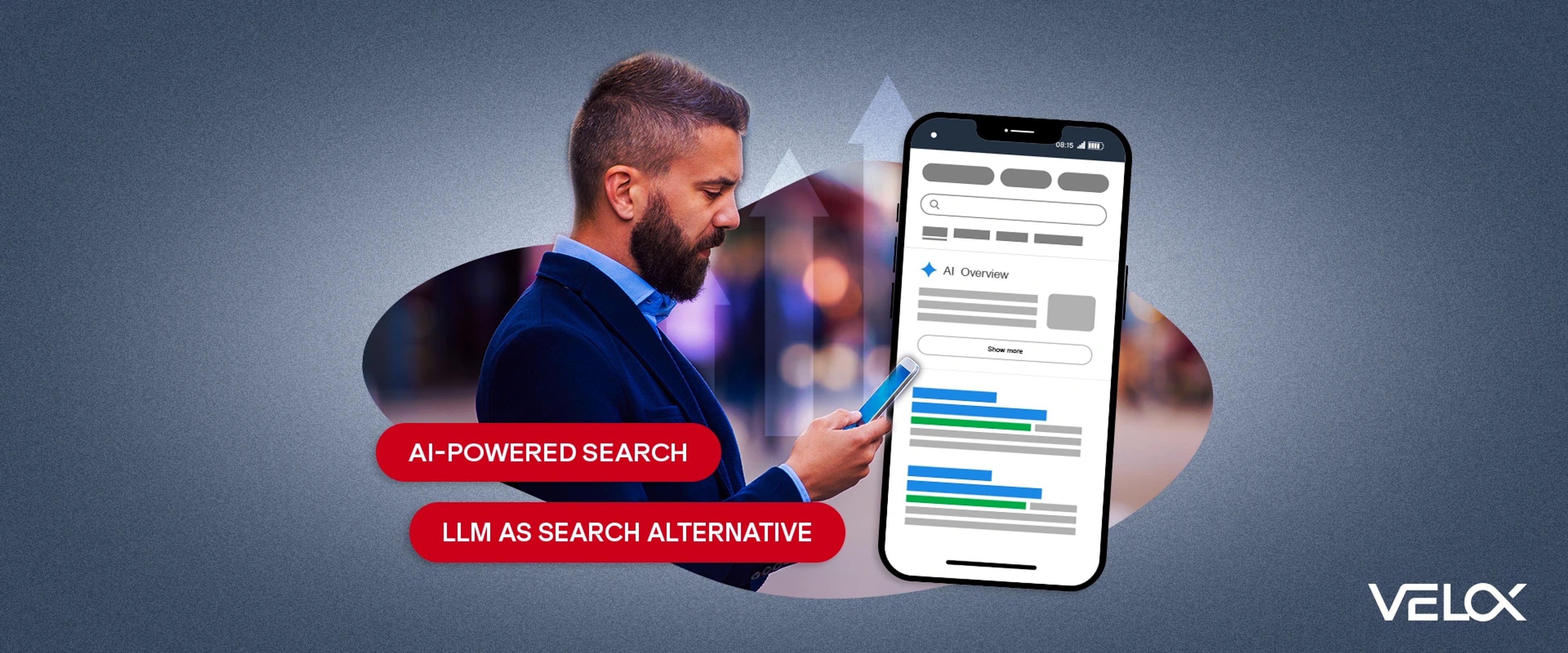 A man in a business suit looking at his mobile phone with a graphic of a phone screen showing AI Overview results nearby.