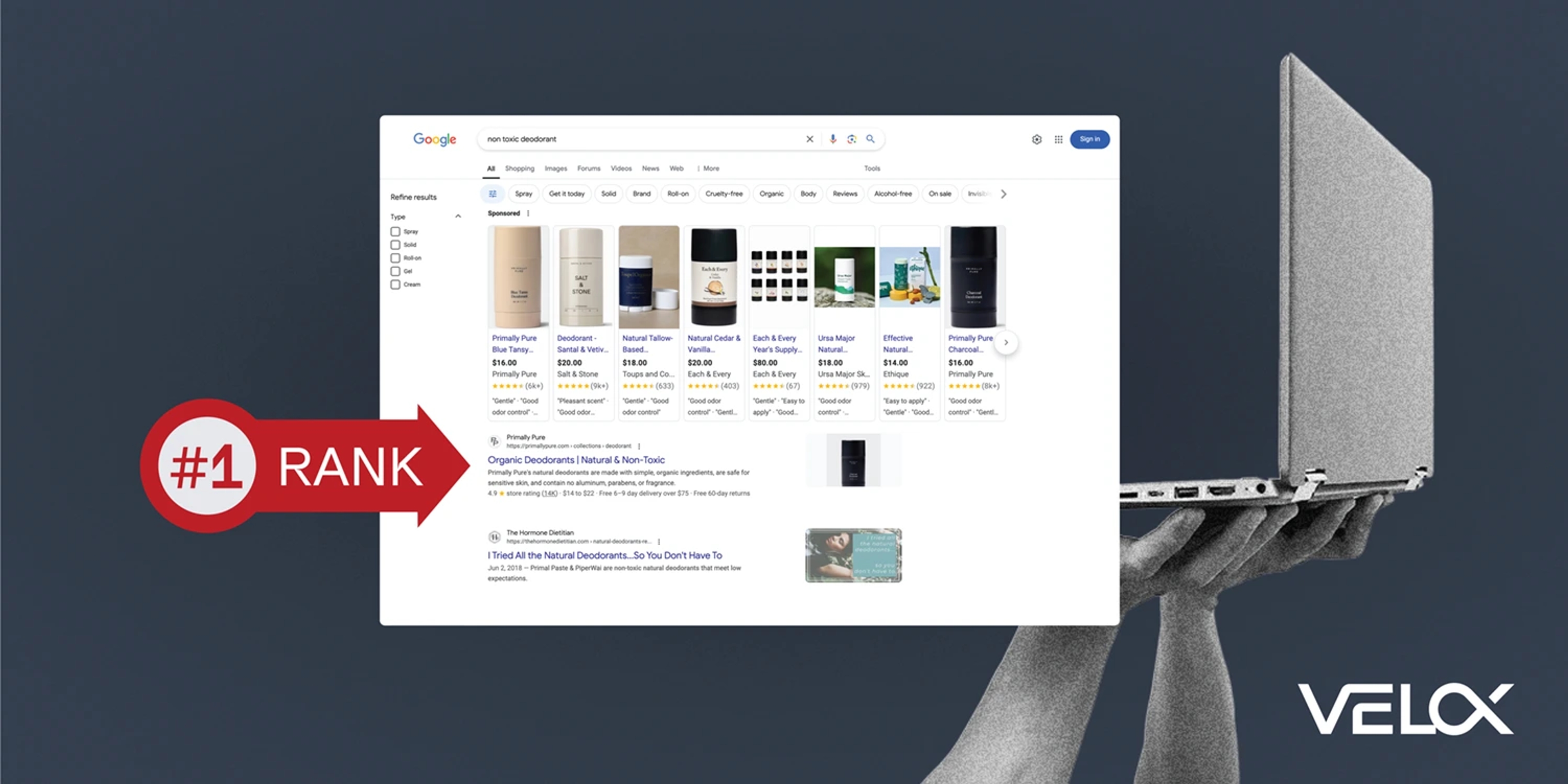 A red arrow pointing to a Google SERP #1 rank and a person holding up a laptop.